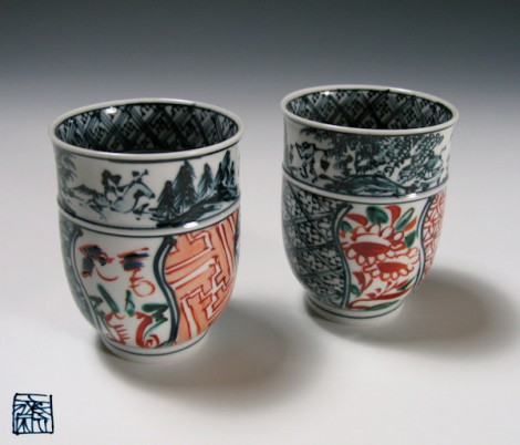 Aka-iré Green Tea Cup Set by Murata Tetsu: click to enlarge